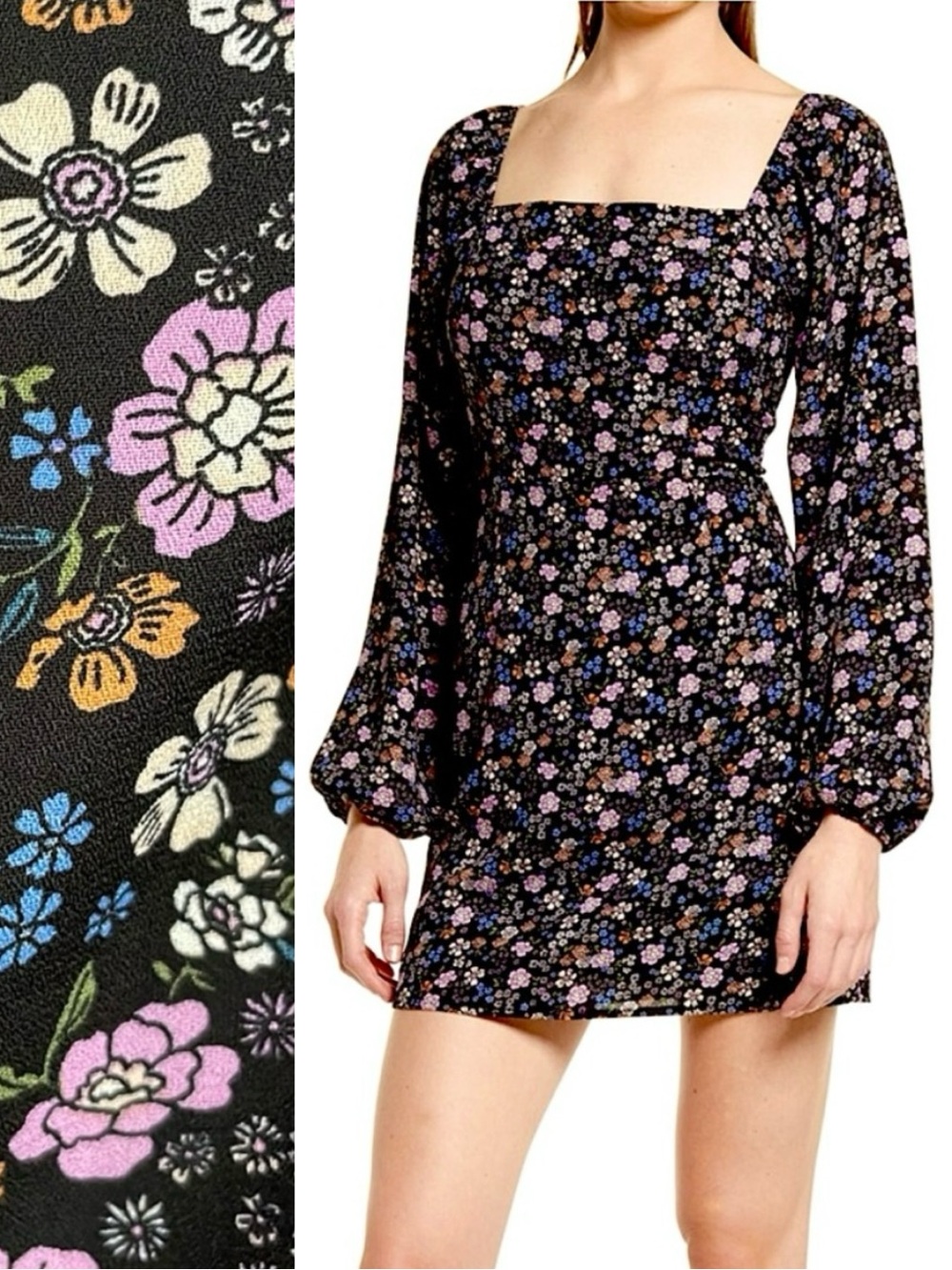 All In Favor Black Ditsy Floral Milkmaid Dress Size Large Long Sleeve Smock Mini